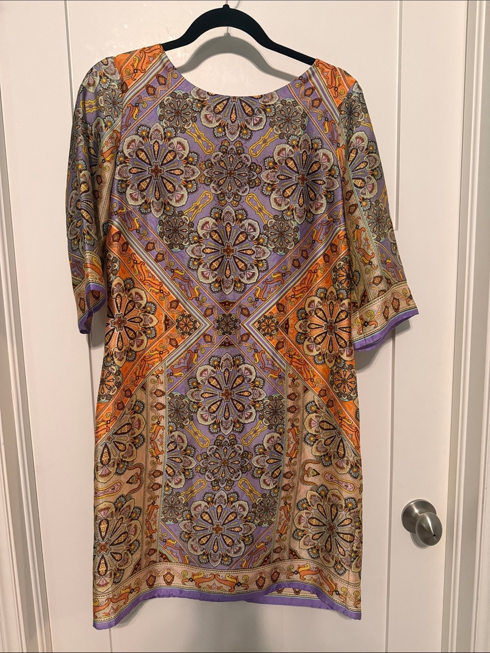 Vintage Colorful Floral Medallion Satin Mini Dress in Lavender and Orange size 4